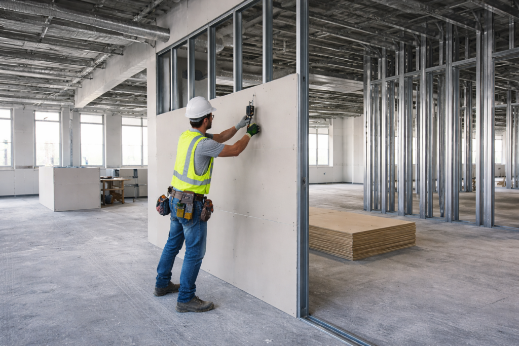 Commercial drywall installation with steel stud framing in large interior construction project.