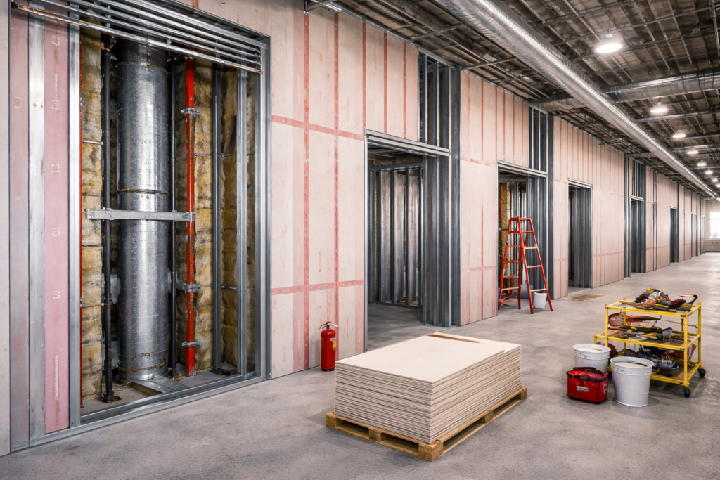 Fire-rated drywall and shaft wall assembly inside commercial building construction project.