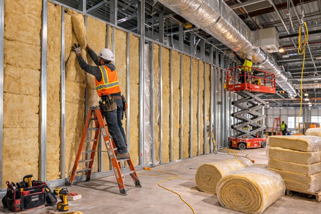 Industrial warehouse wall insulation installed between steel framing.